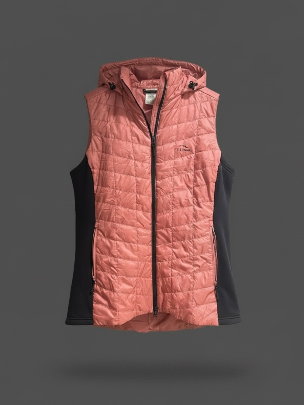 L.L. Bean Coral Quilted Hooded Vest with Black Side Panels